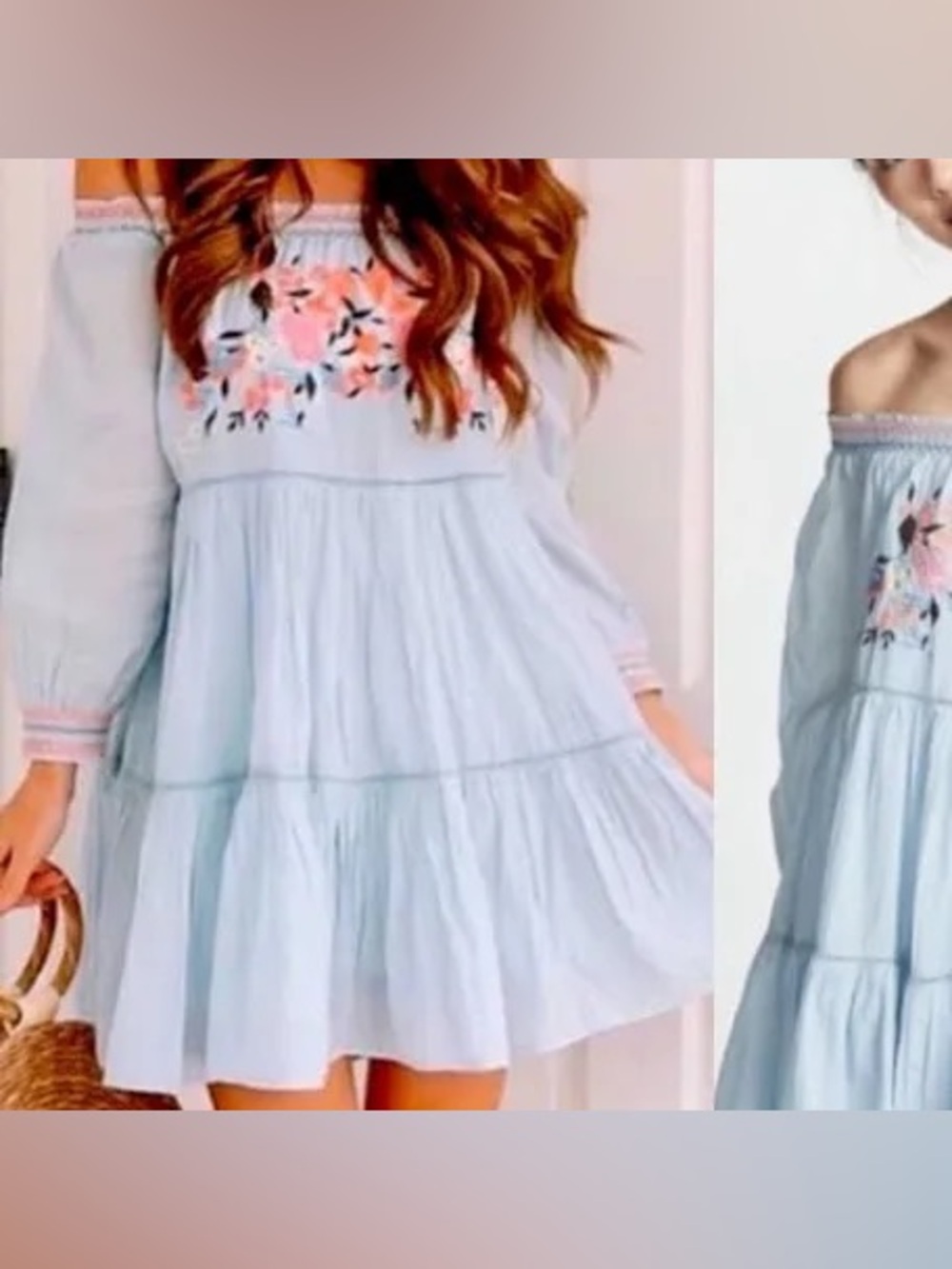 Free People Pale Blue Off-Shoulder Dress with Pink Floral Tag